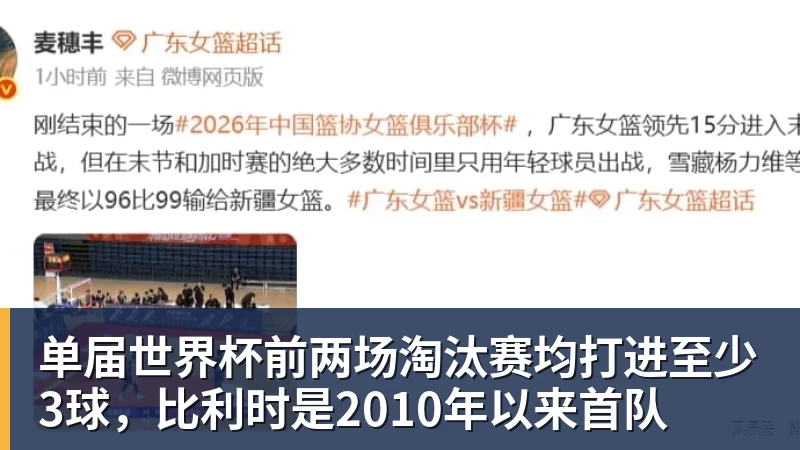 单届世界杯前两场淘汰赛均打进至少3球，比利时是2010年以来首队